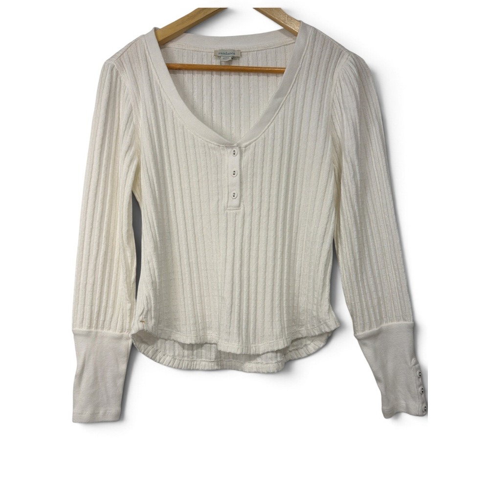 Sundance White Ribbed Henley Top Long Sleeve Button Cuff V-Neck PXXS